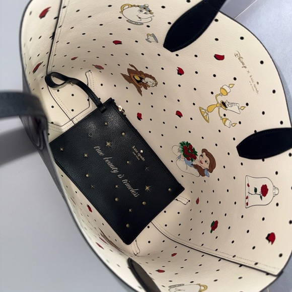 NWOT Kate Spade Beauty and the Beast Cream Black Shoulder Tote Wristlet - Picture 2 of 4